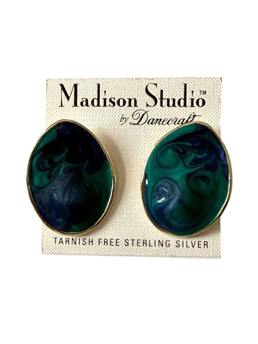 NOS Vintage Madison Studio Danecraft Sterling Silver Green Enamel Earrings 1.75"